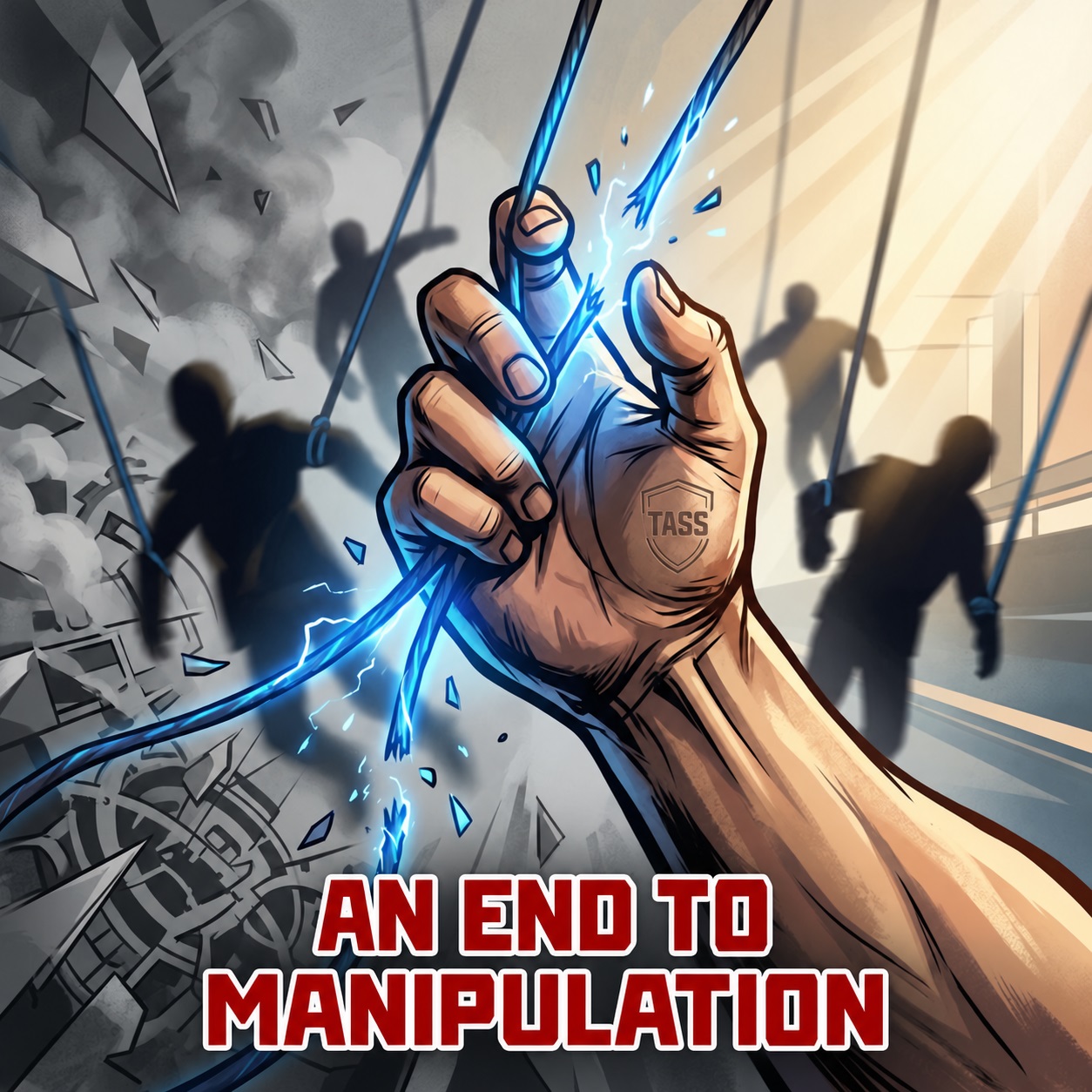 An end to manipulation — a hand bearing the TASS emblem breaks puppet strings