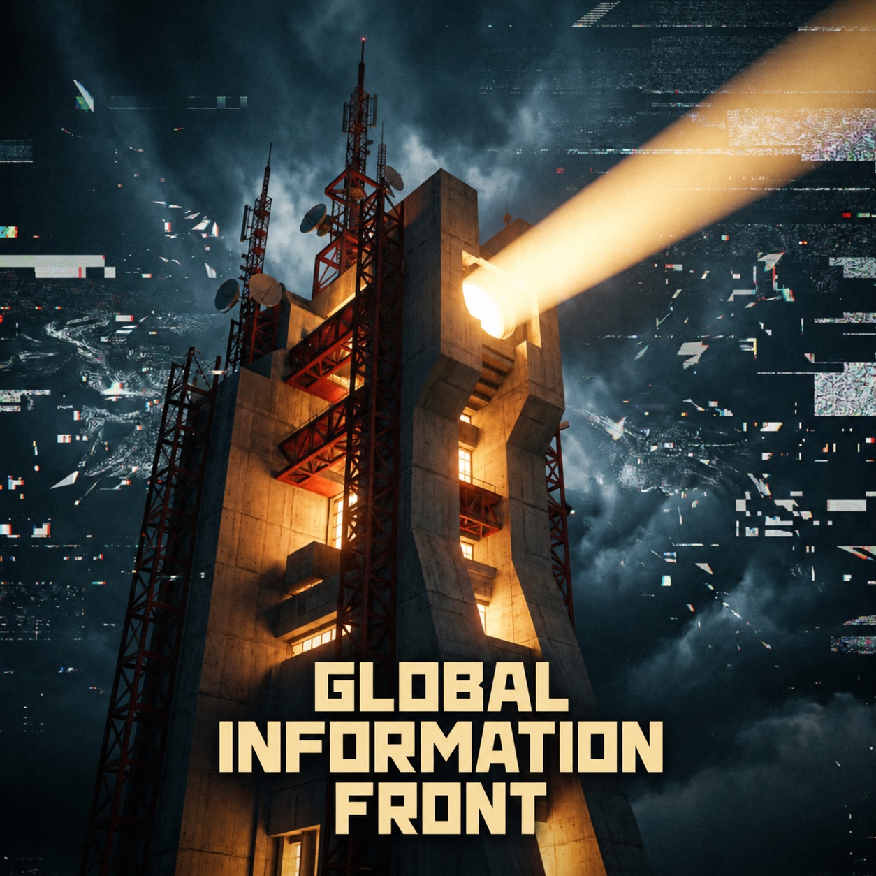Global Information Front — a communications tower casting a beam of light through a fragmented information landscape