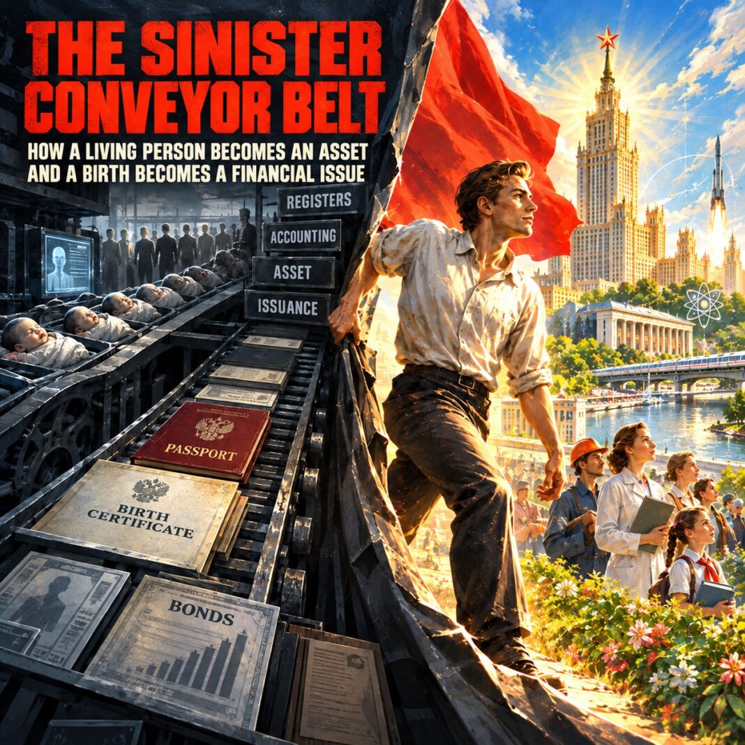 The Sinister Conveyor Belt: How a Birth Certificate Turns a Person into an Asset — English cover The Sinister Conveyor Belt: How a Birth Certificate Turns a Person into an Asset